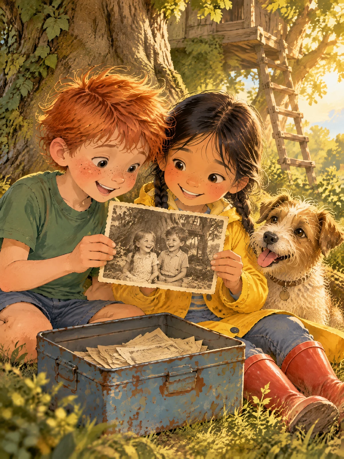 Ben und Lea halten ein altes Foto hoch, auf dem zwei lachende Kinder vor dem Baumhaus stehen