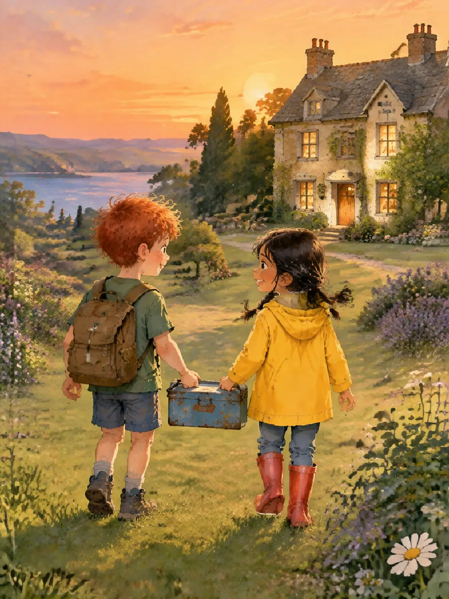 Ben und Lea gehen im Abendrot Hand in Hand mit der blauen Dose nach Hause, Krümel trottet mit