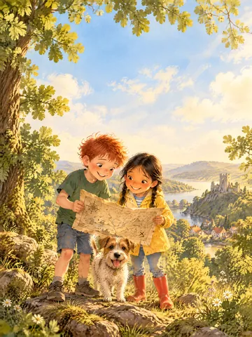 Ben mit roten Haaren und Lea im gelben Regenmantel halten eine alte Schatzkarte, zwischen ihnen sitzt ein kleiner Hund