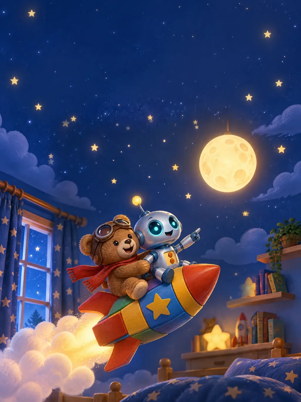 Spielzeugroboter Bolt und Teddy mit Fliegerbrille sitzen auf einer Rakete aus Bauklötzen und fliegen zur leuchtenden Mondlampe