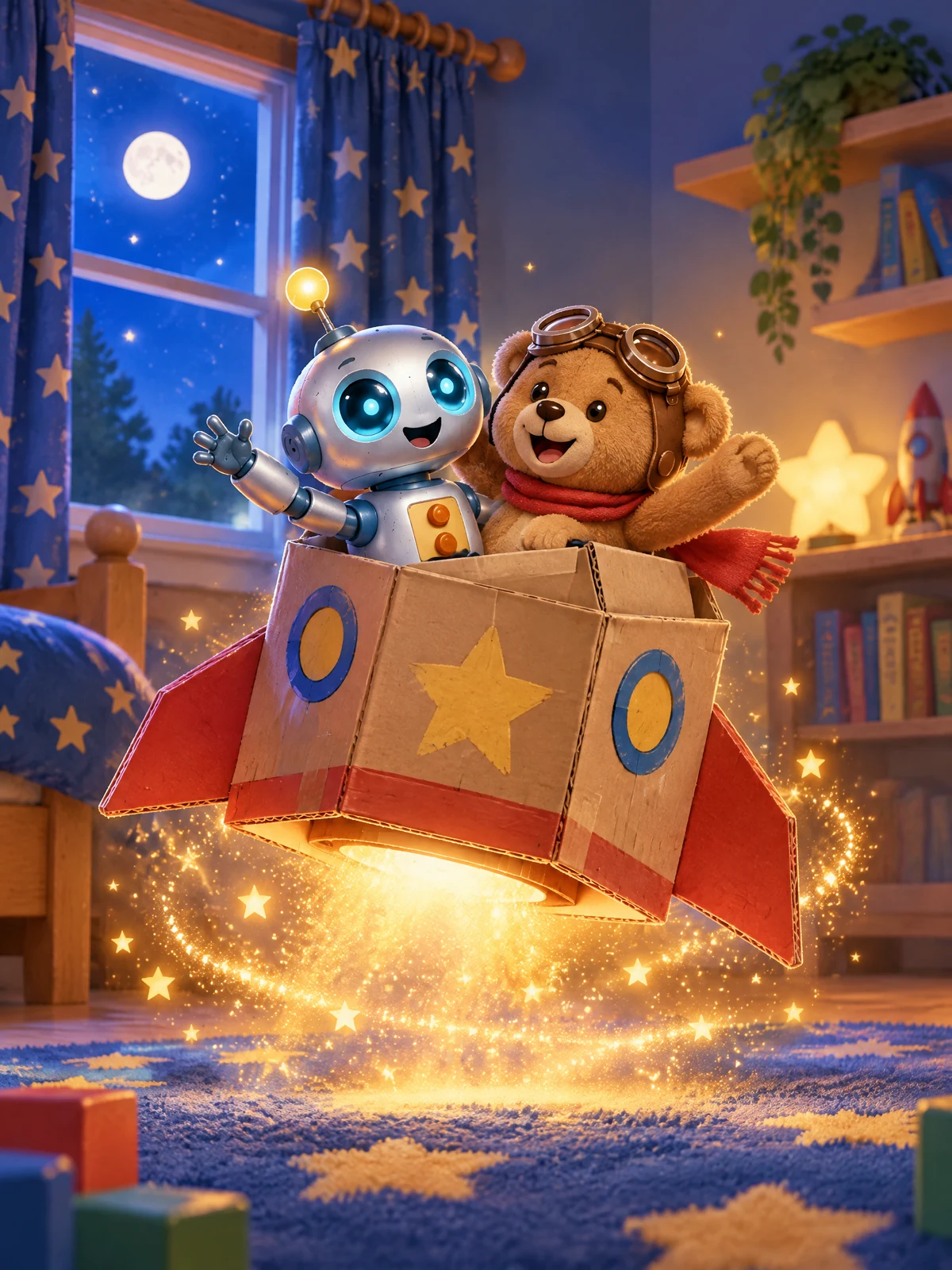 Die Klötzchenrakete mit Bolt und Teddy schwebt funkelnd über dem Teppich