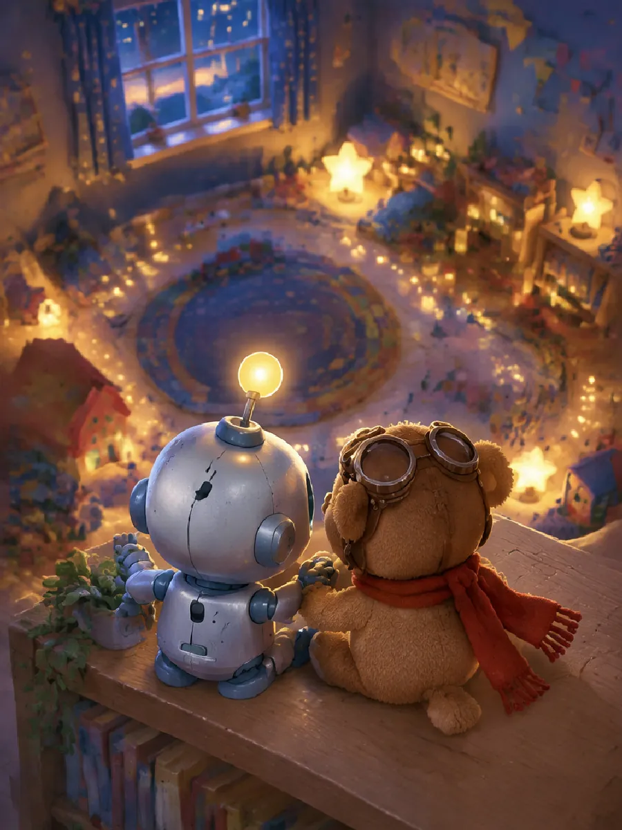 Bolt und Teddy sitzen an der Regalkante und schauen auf das Zimmer, das wie eine kleine Stadt leuchtet
