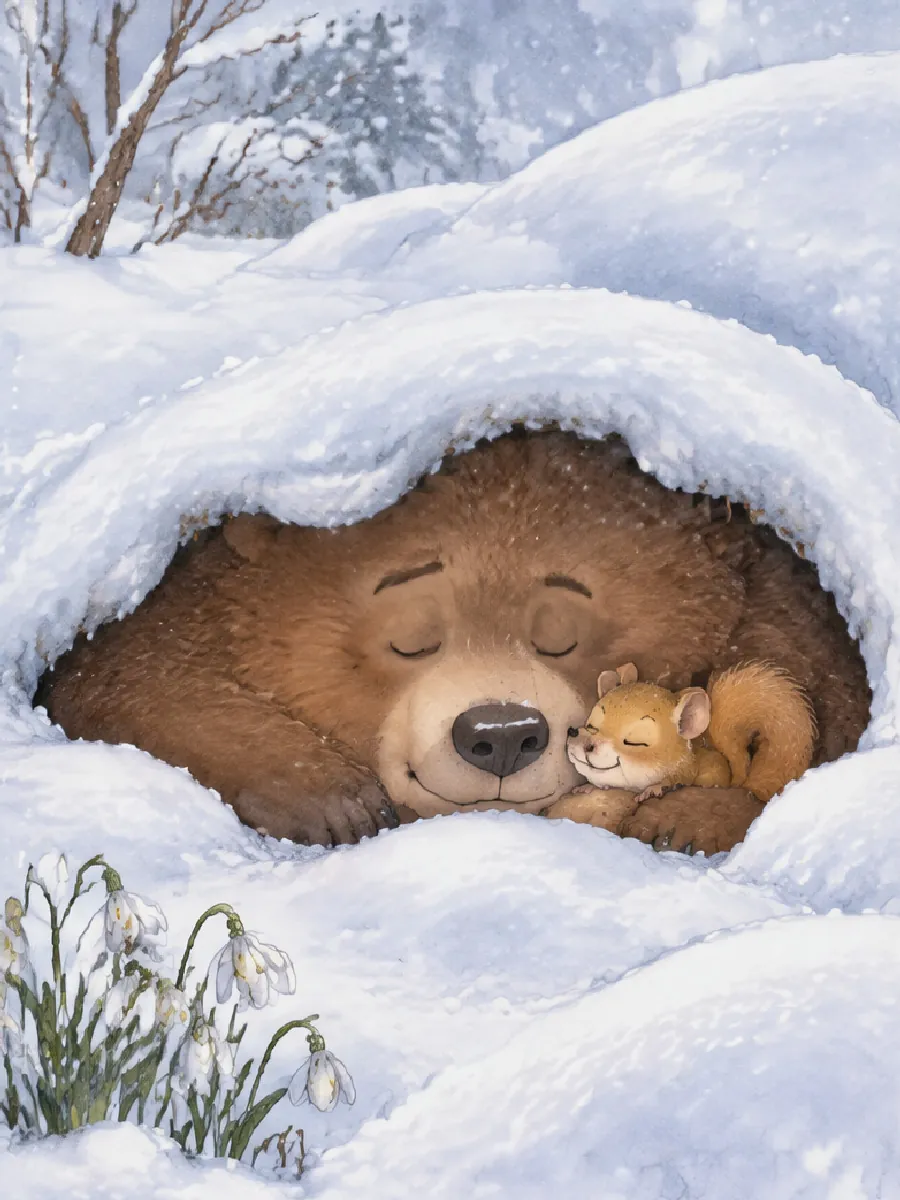 Bär und Haselmaus schlafen zusammen unter einer weichen Schneedecke