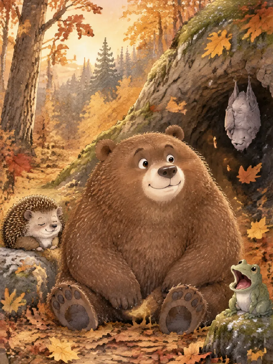 Bär Brumm sitzt mit großen Augen vor seiner Höhle, um ihn herum fallen bunte Herbstblätter