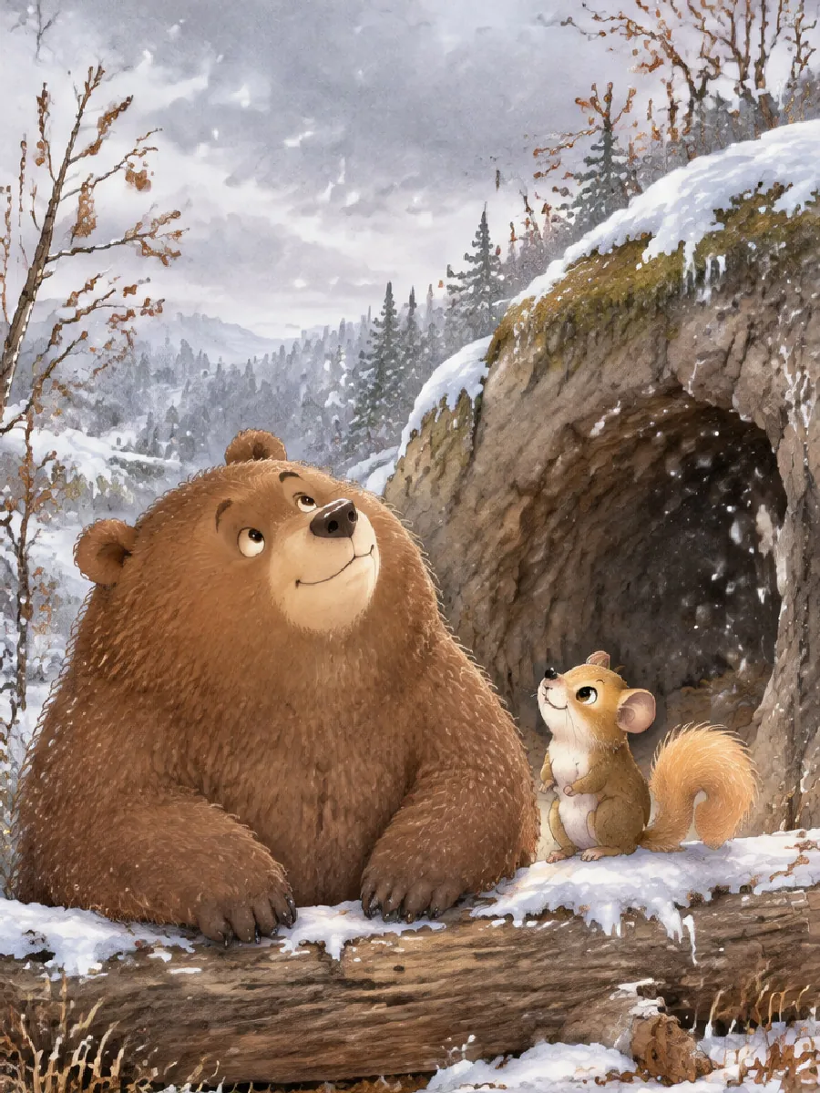 Brumm und die kleine Haselmaus Mimi sitzen nebeneinander auf einem Baumstamm vor der Höhle