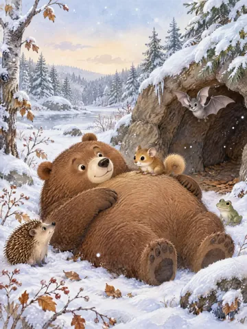 Der große braune Bär Brumm liegt hellwach vor seiner Höhle im verschneiten Wald, auf seinem Bauch sitzt eine kleine Haselmaus
