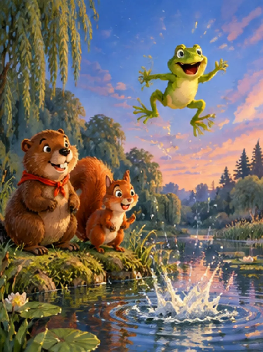 Frosch Quak springt hoch in die Luft und platscht zurück in den Teich, Bruno und Flitz schauen zu