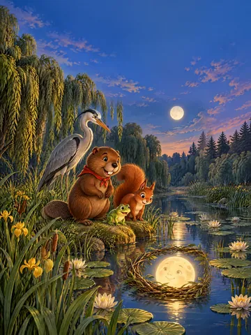 Biber Bruno mit rotem Halstuch steht am Teich und schaut auf den Vollmond, der sich in einem Bett aus Weidenzweigen auf dem Wasser spiegelt