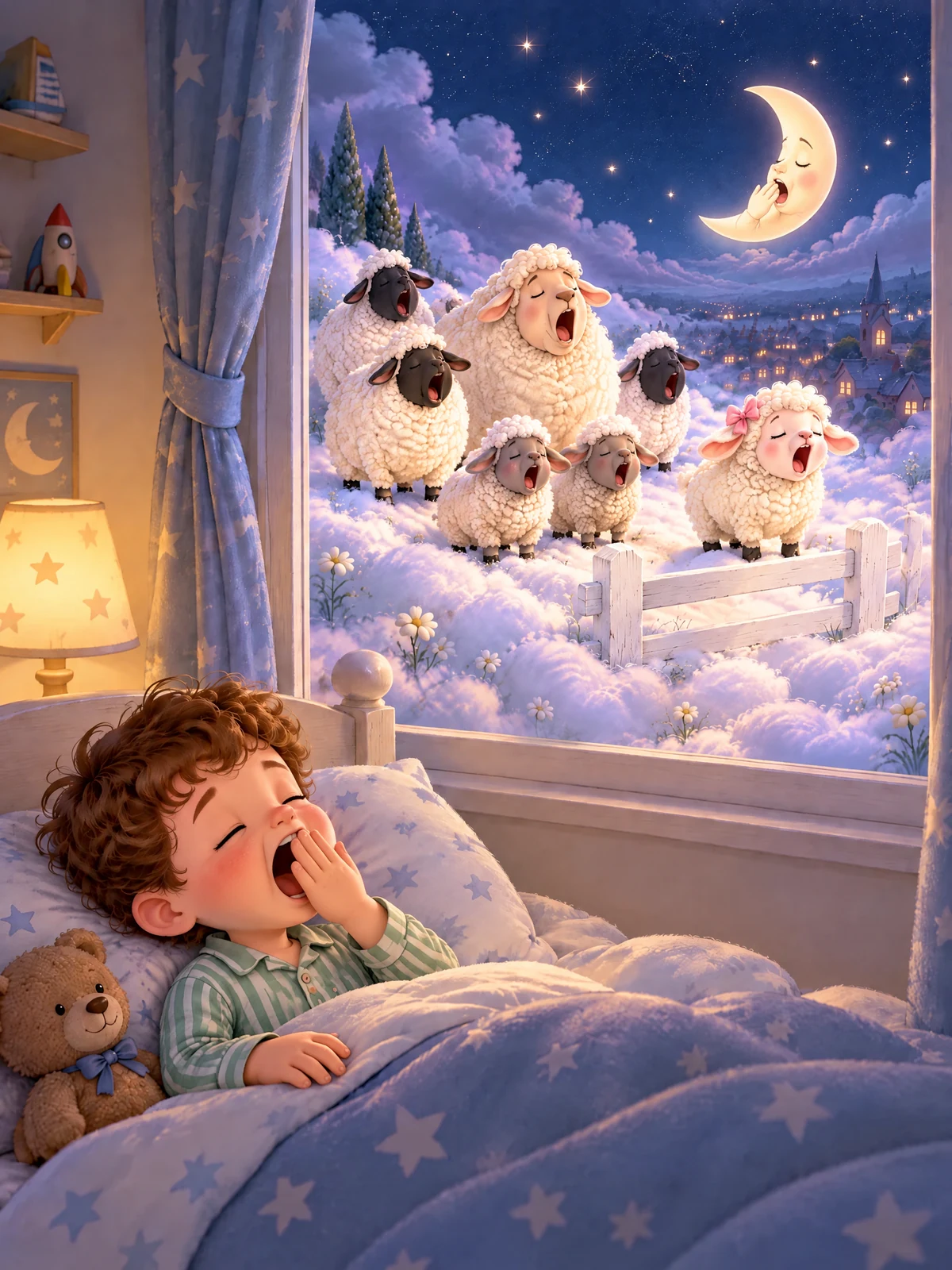 Ben gähnt im Bett, draußen gähnen alle Schafe, und der Mond hält sich die Hand vor den Mund