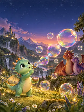 Der kleine minzgrüne Drache Fridolin pustet auf einer Wiese riesige bunte Seifenblasen, große Drachen schauen lächelnd zu