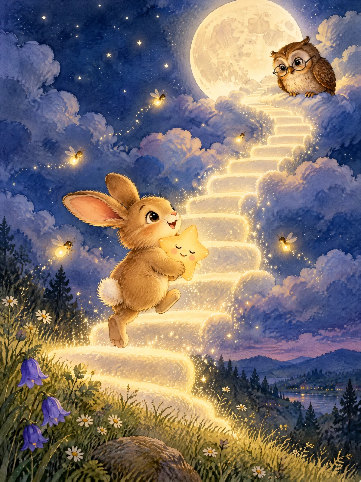 Hoppel steigt mit dem schlafenden Stern eine leuchtende Treppe aus Mondlicht hinauf
