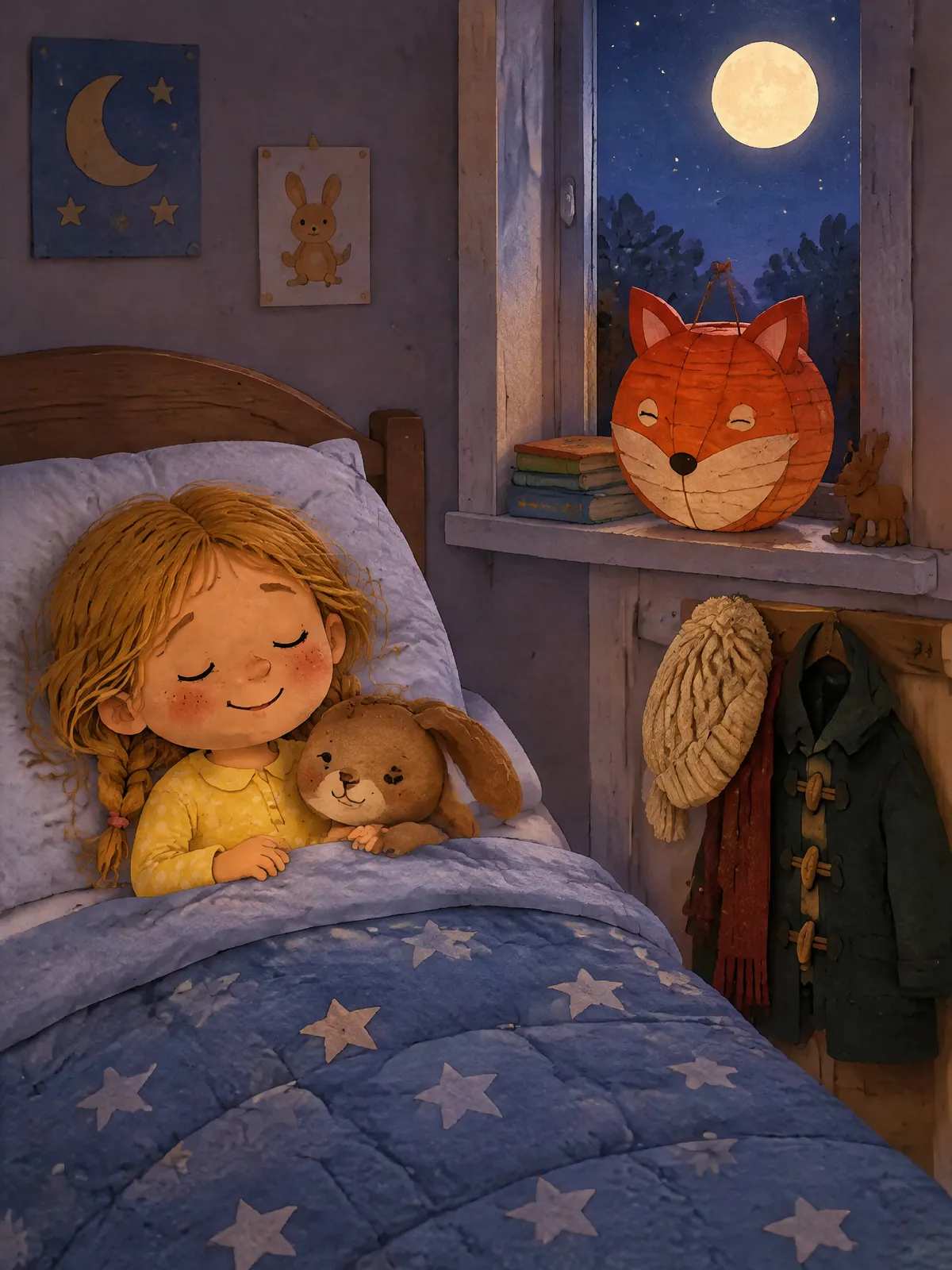 Romy liegt schläfrig im Bett, auf dem Fensterbrett glüht die Fuchslaterne im Mondlicht