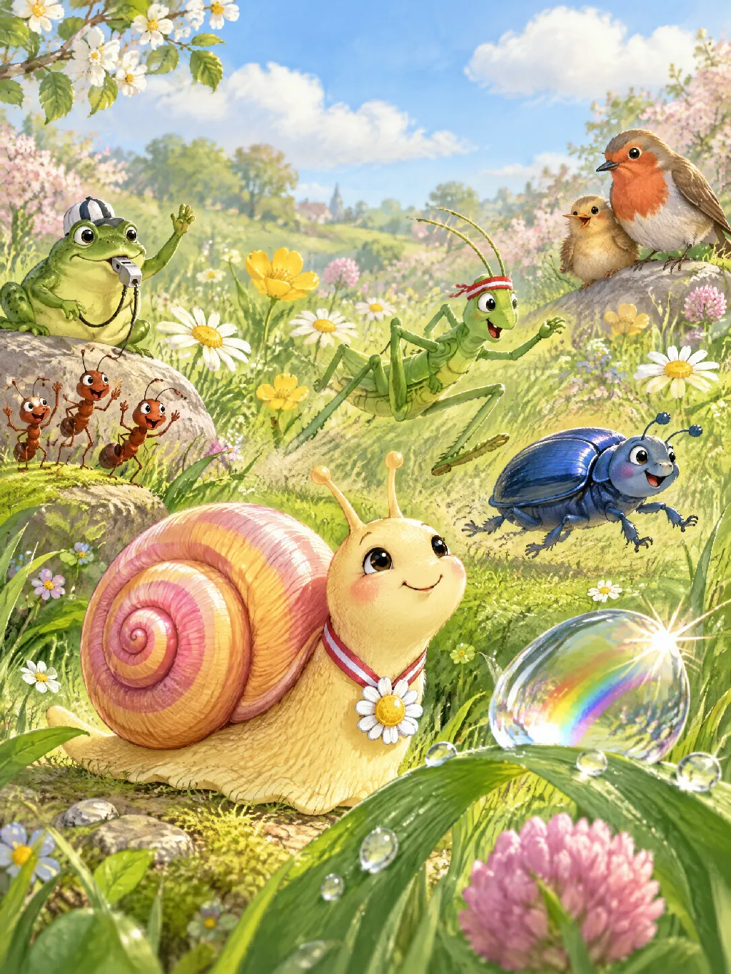 Die kleine Schnecke Lotte mit Gänseblümchen-Medaille lächelt auf einer Frühlingswiese neben einem glitzernden Tautropfen