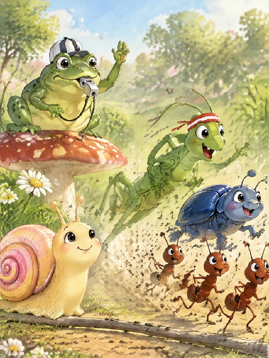 Ein alter Frosch mit Pfeife gibt den Start, Grashüpfer, Käfer und Ameisen rasen davon