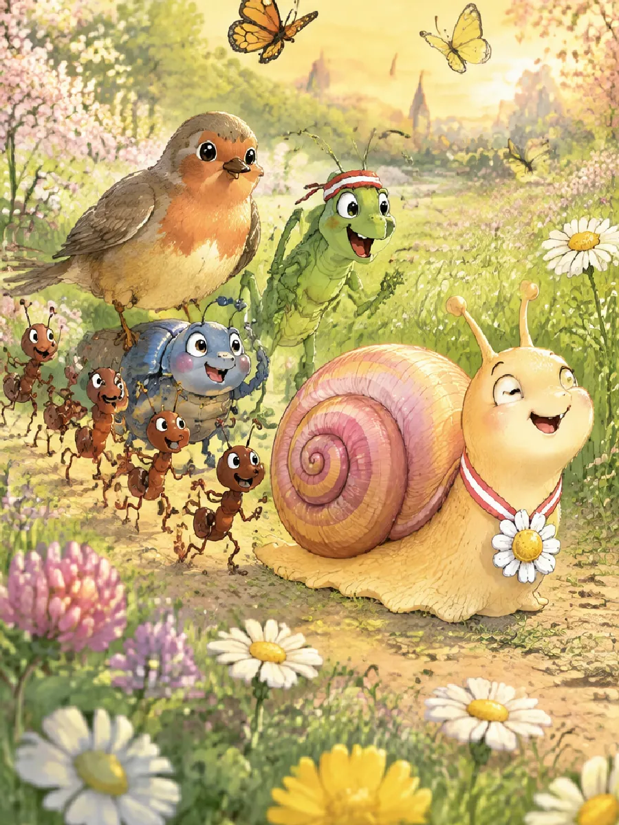 Die Wiesentiere gehen langsam hinter Lotte her, die stolz ihre Gänseblümchen-Medaille trägt