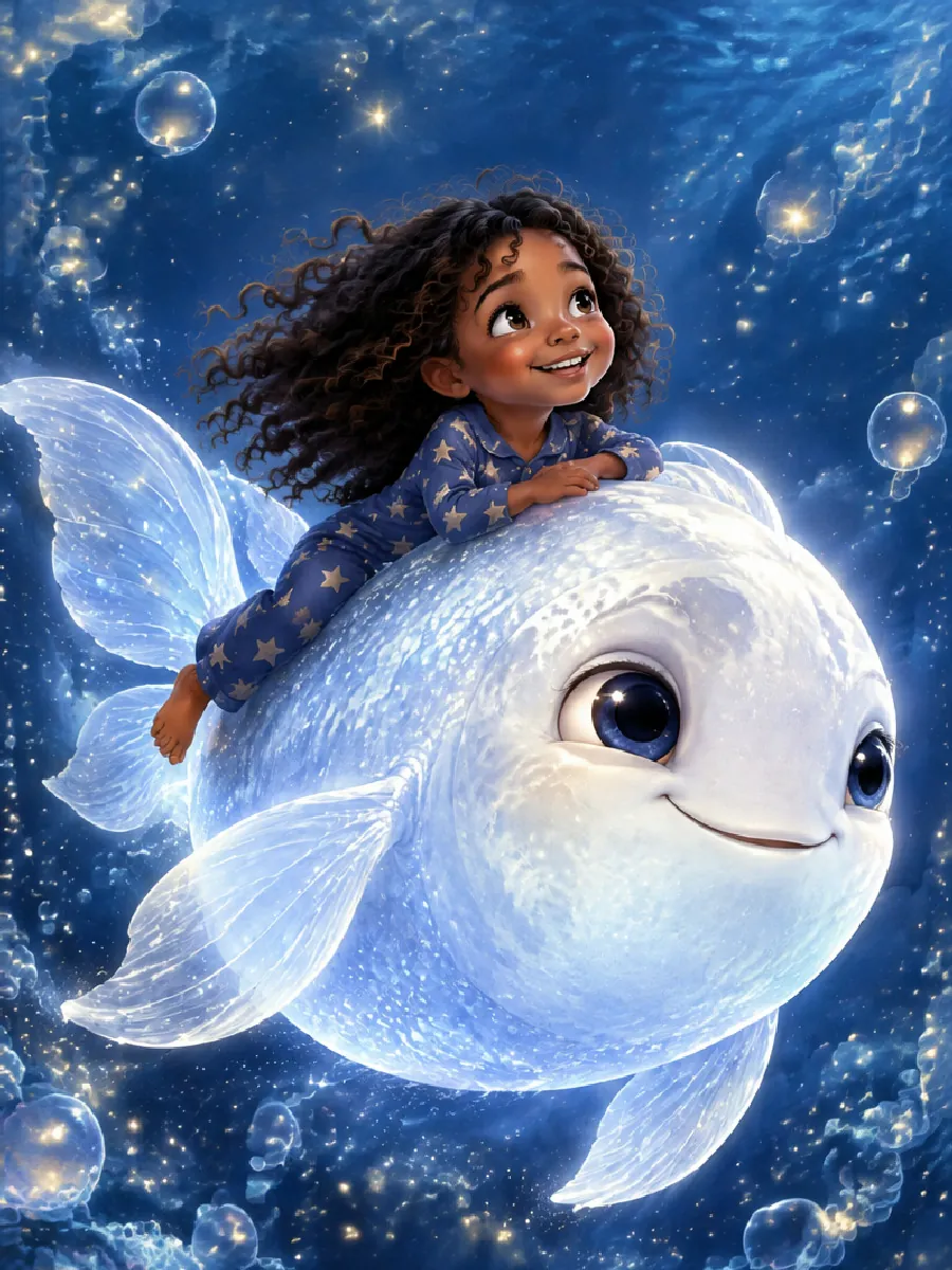 Mila reitet auf dem Mondfisch durch ein tiefblaues Meer voller goldener Bläschen