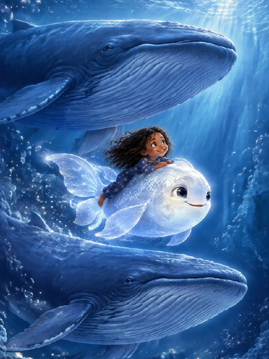 Zwei riesige, friedliche Wale schwimmen neben Mila und dem Mondfisch
