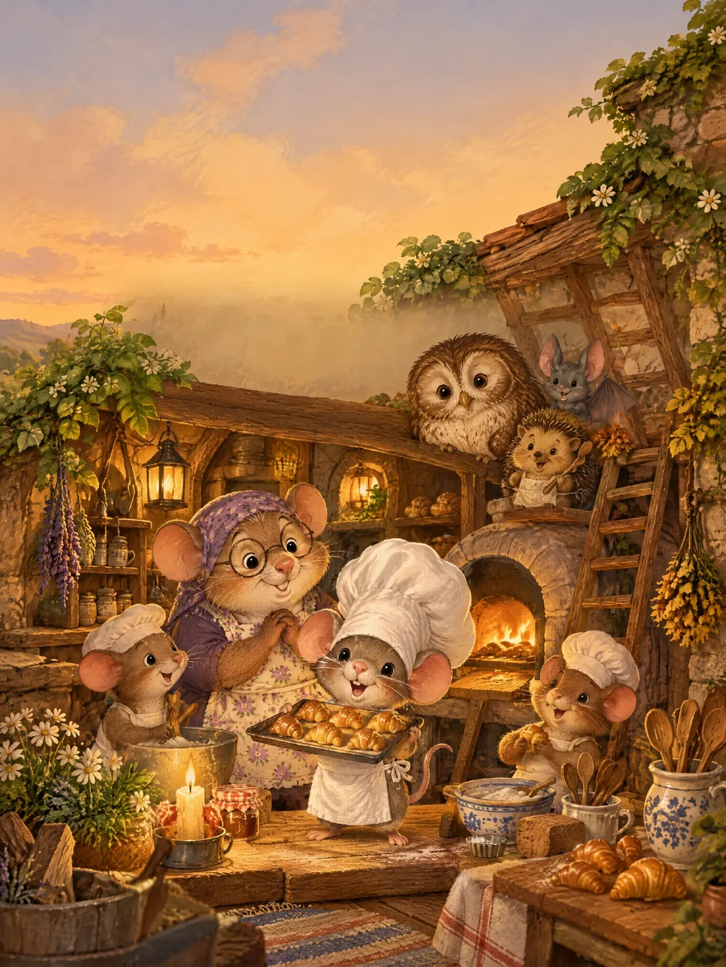 Die kleine Maus Mo mit viel zu großer Bäckermütze hält stolz ein Blech mit Mini-Hörnchen, Oma Krümel lächelt hinter ihm