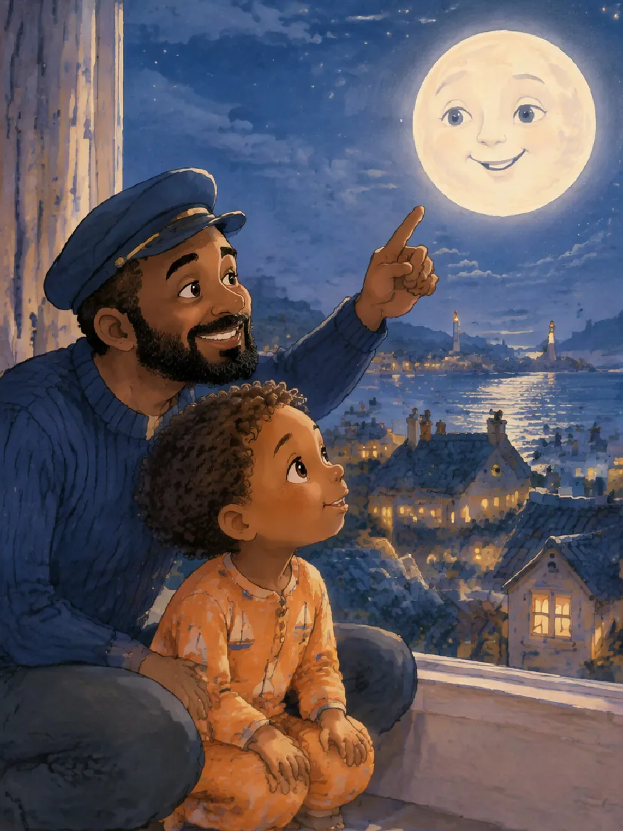 Papa mit Bart und Mütze kniet am Fenster neben Malik und zeigt auf den Vollmond