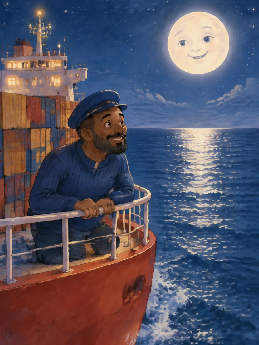 Papa lehnt nachts an der Reling eines roten Frachtschiffs und lächelt zum Mond hinauf