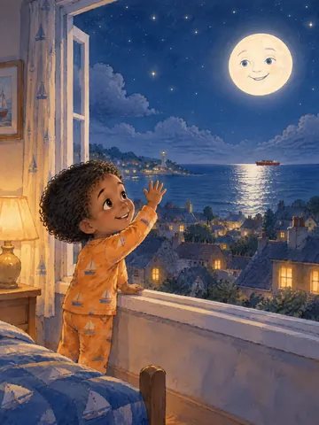 Malik im Schiffchen-Schlafanzug winkt am Fenster dem freundlichen Vollmond zu, ein Mondlichtpfad führt zu einem kleinen roten Schiff auf dem Meer