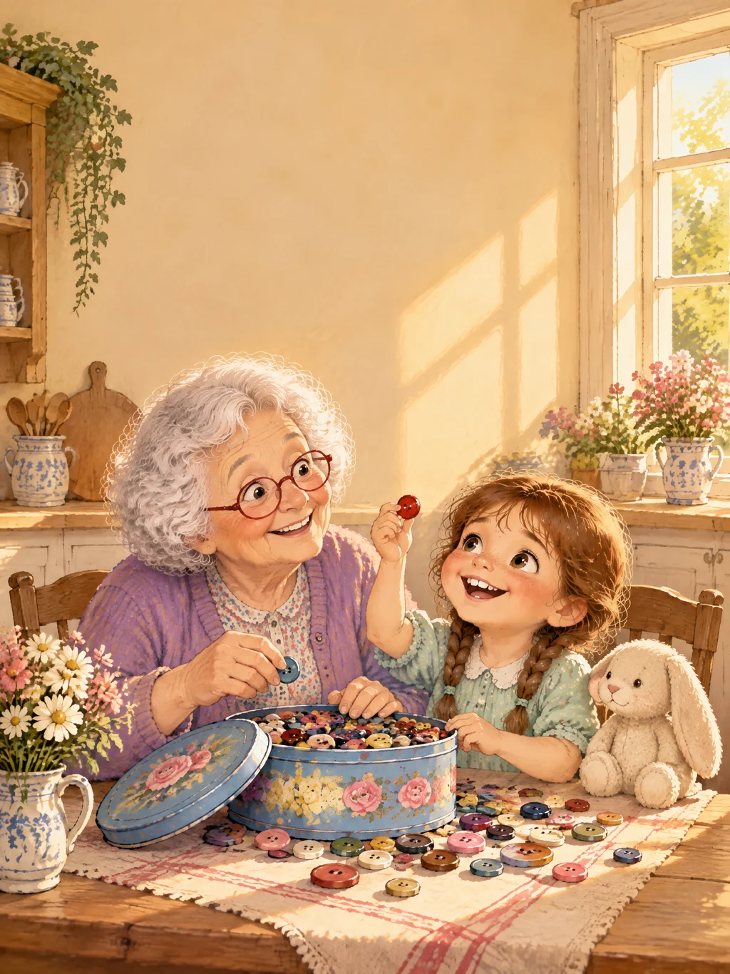 Oma Nelli mit roter Brille und Paula mit zwei Zöpfen sitzen am Küchentisch voller bunter Knöpfe aus einer Rosendose