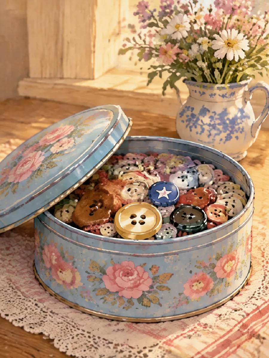 Die offene Rosendose mit bunten Knöpfen, obenauf ein kleiner blauer Sternknopf