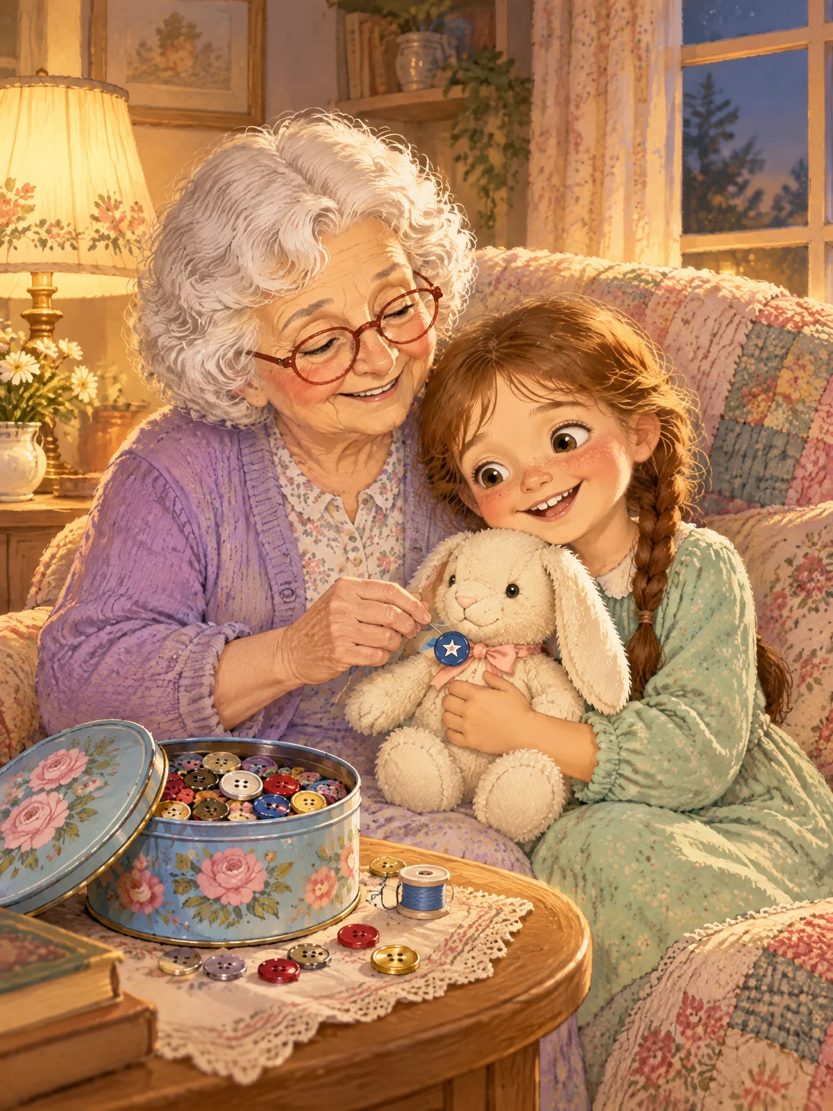Oma näht am Abend den Sternknopf auf Paulas Kuschelhasen, Paula drückt ihn an sich