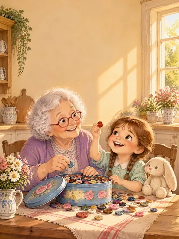 Oma Nelli mit roter Brille und Paula mit zwei Zöpfen sitzen am Küchentisch voller bunter Knöpfe aus einer Rosendose