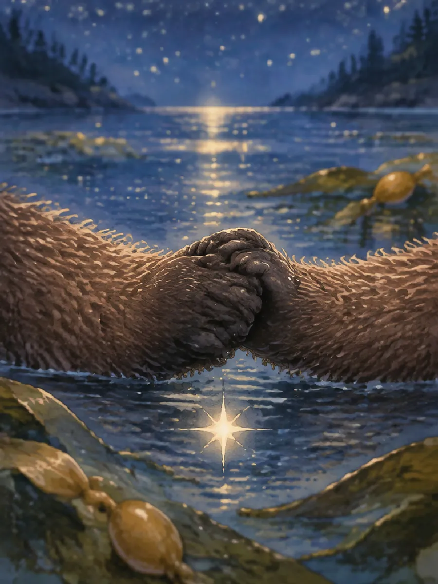 Zwei kleine Otterpfoten halten sich auf dem ruhigen Wasser, daneben spiegelt sich ein Stern