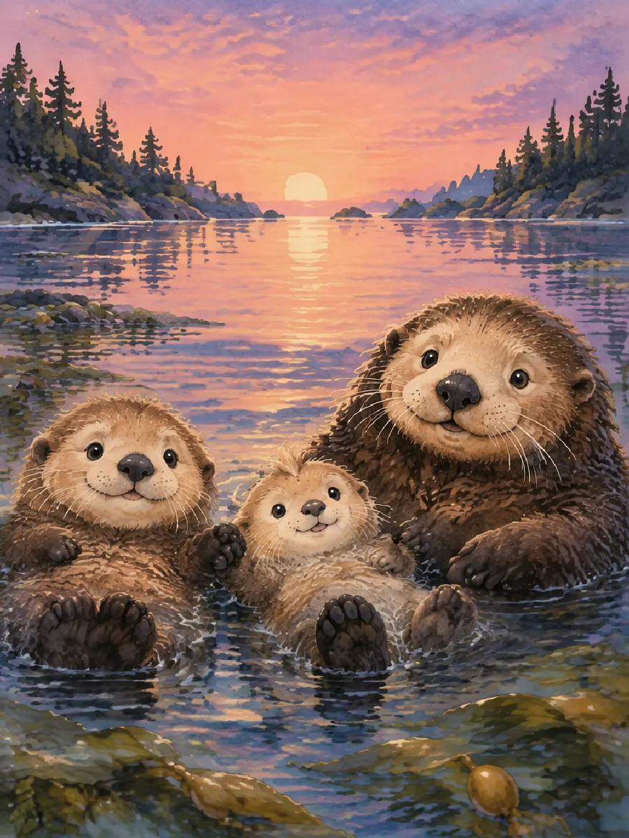 Mama Otter, Olli und die kleine Pip treiben bei Sonnenuntergang Pfote in Pfote auf dem Rücken
