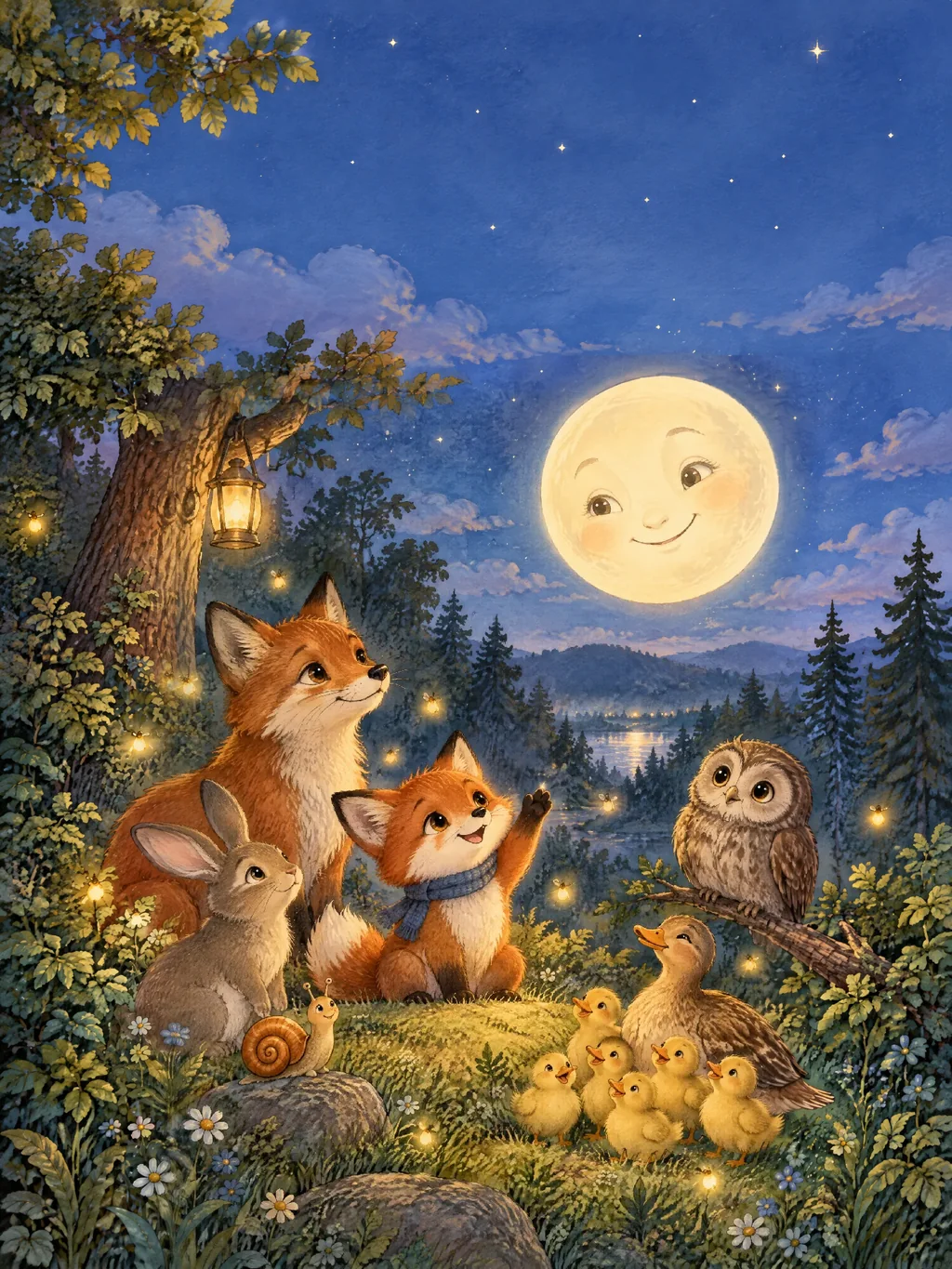 Der kleine Fuchs Oskar mit blauem Schal sitzt in der Dämmerung auf einem Hügel und winkt dem lächelnden Vollmond zu