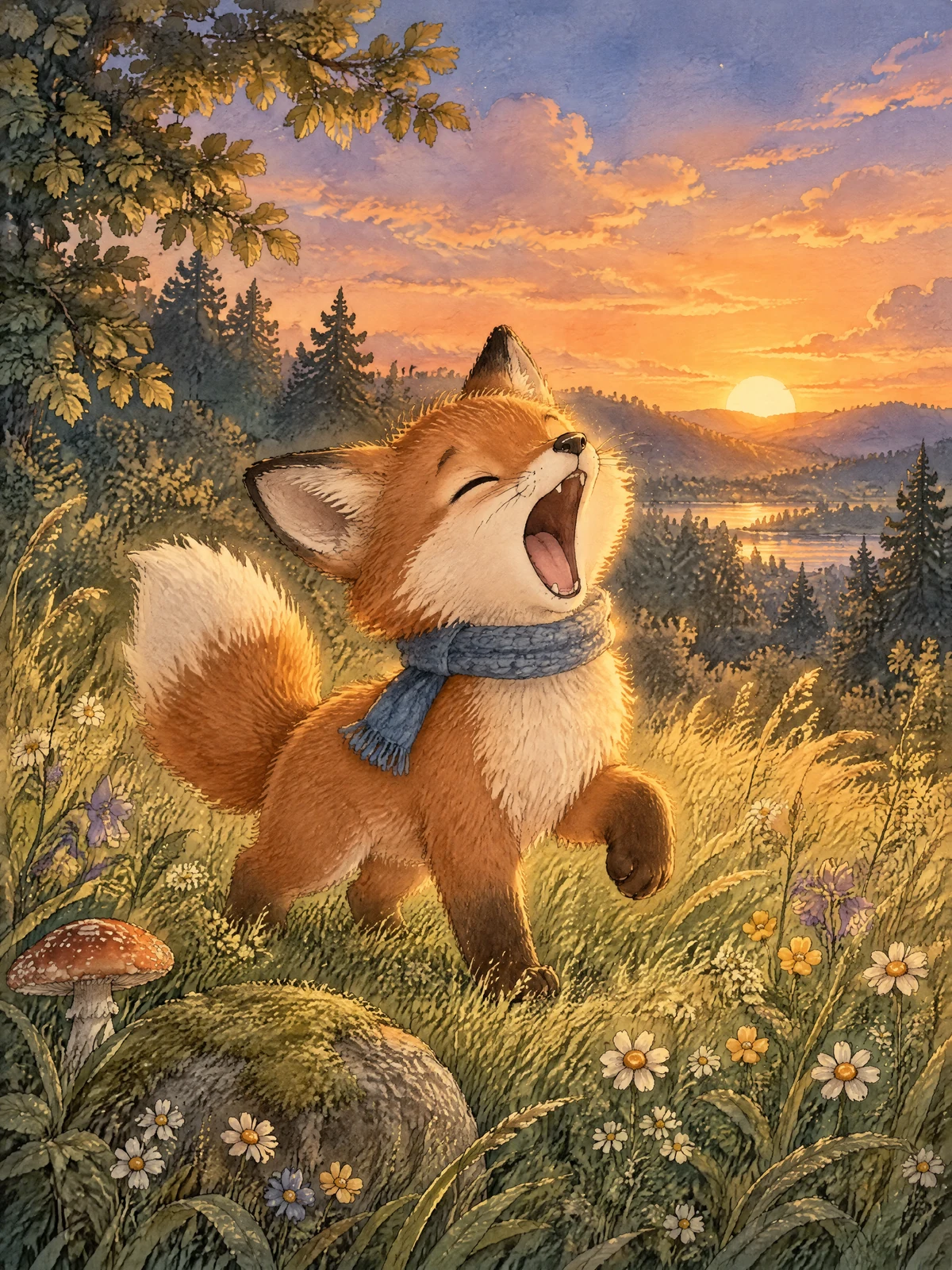 Oskar, ein kleiner Fuchs mit blauem Schal, gähnt im Abendrot auf einer Waldwiese