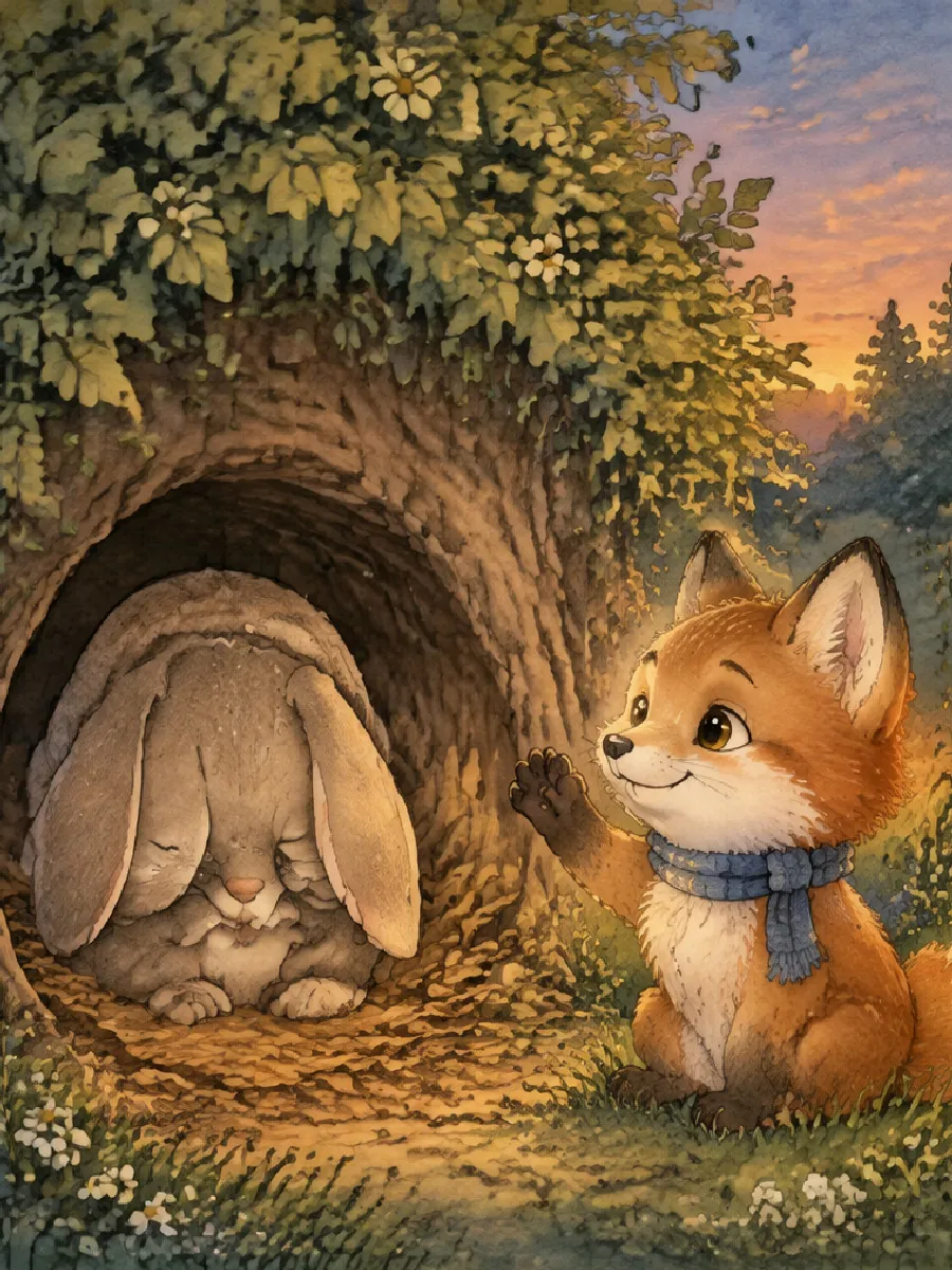 Ein Hase klappt vor seinem Bau die Ohren über das Gesicht, Oskar winkt ihm Gute Nacht