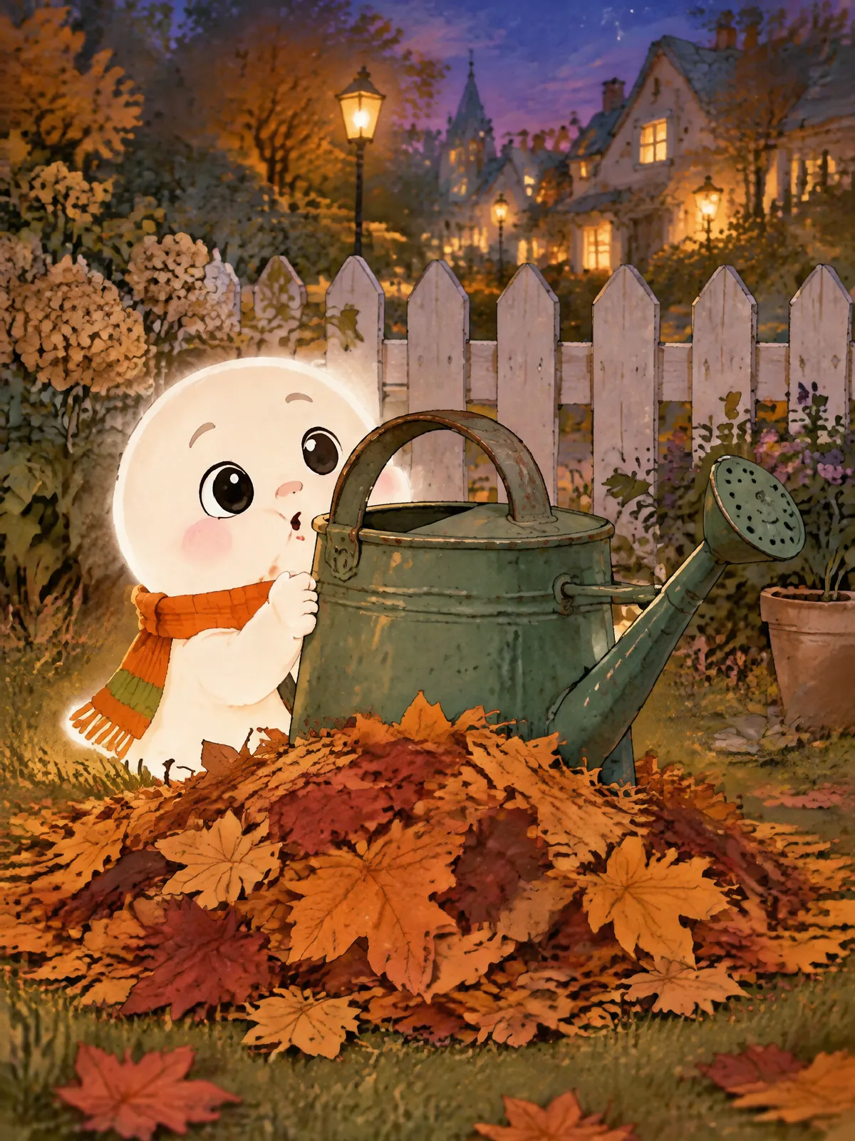 Pieps lugt mit dicken Backen hinter einer grünen Gießkanne hervor, vor ihm liegt ein Haufen Herbstlaub