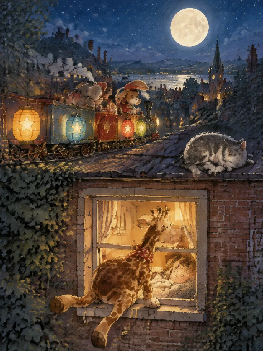 Der Zug fährt über mondhelle Dächer, eine Stoffgiraffe klettert durch ein Fenster zu einem schlafenden Kind