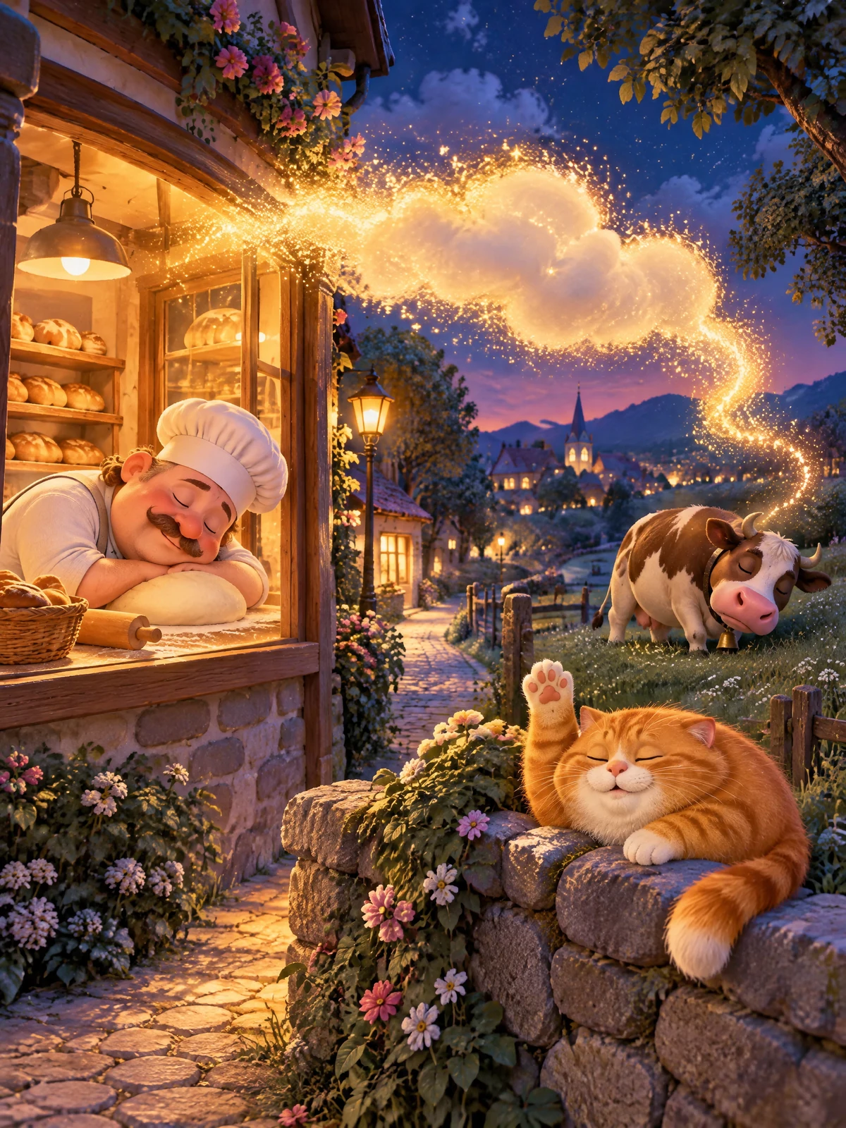 Eine goldene Niesewolke zieht über die Straße: Der Bäcker schläft über dem Teig, ein Kater auf der Mauer
