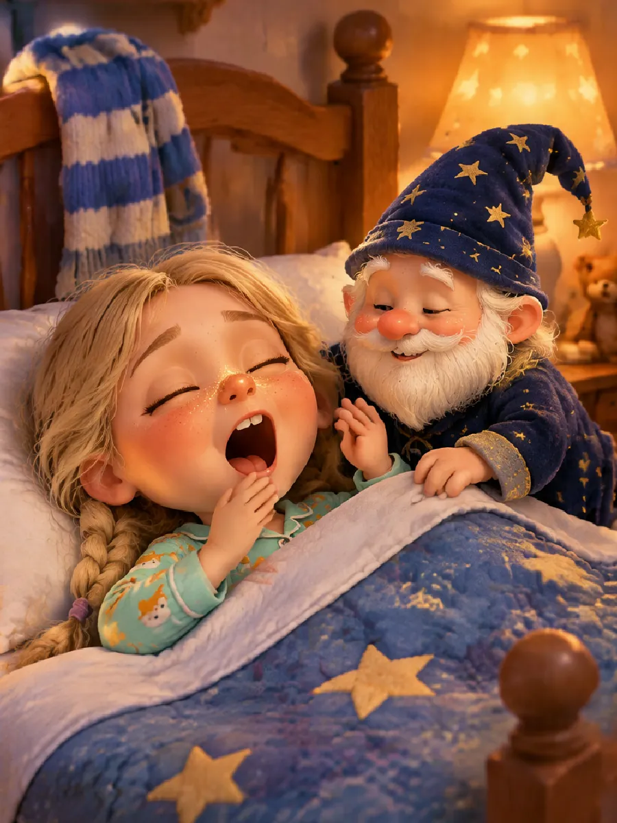 Lina gähnt im Bett mit Glitzersand auf der Nase, der Sandmann deckt sie zu