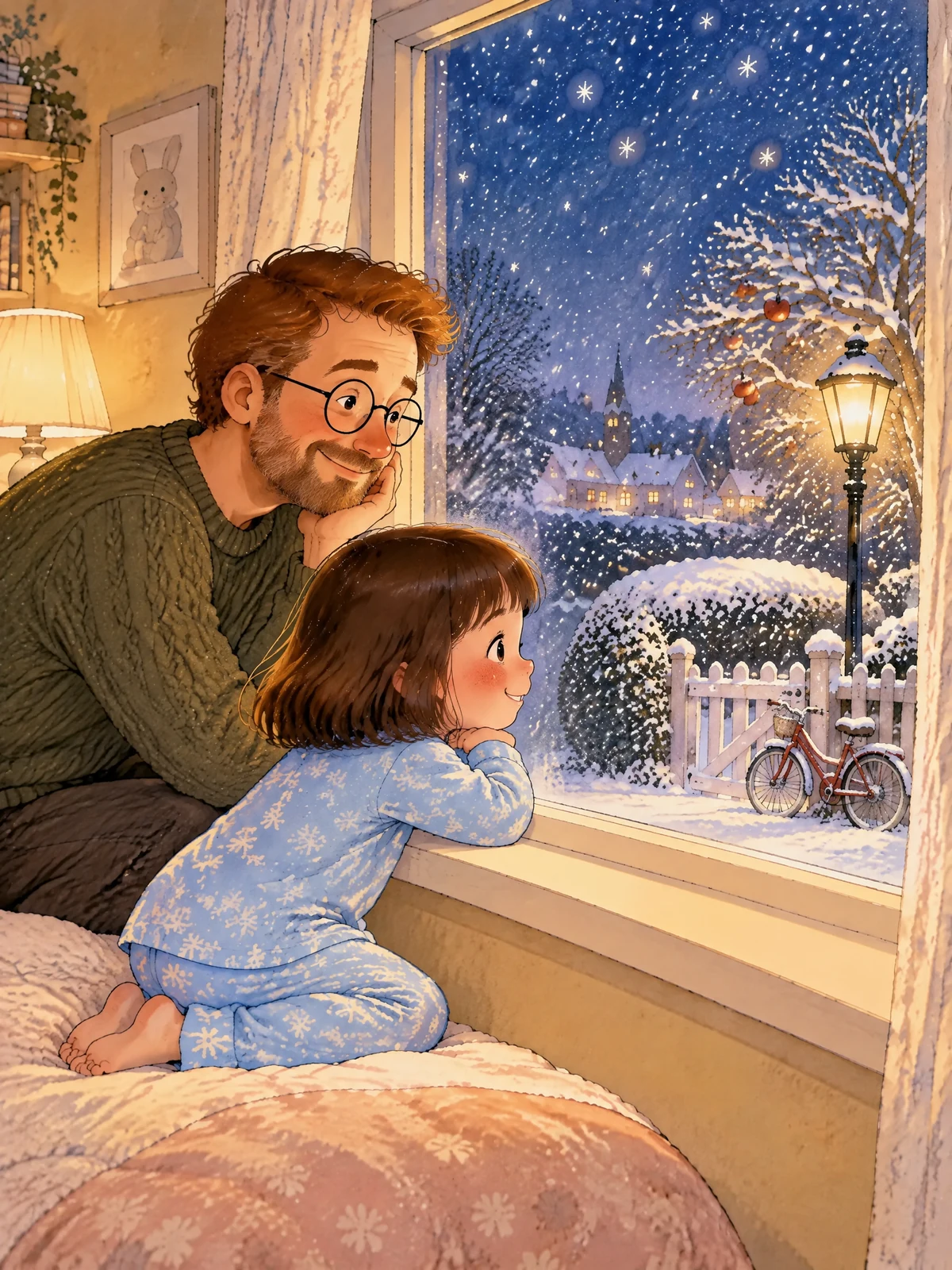 Ida und Papa lauschen am Fenster, draußen tragen Zaun, Hecke und Fahrrad weiße Schneemützen