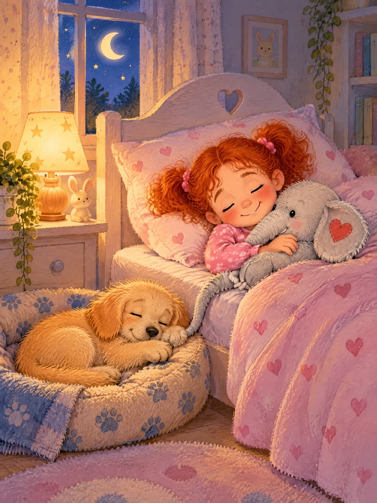 Pia und das Hundebaby schlafen nebeneinander, Pia hält den Rüssel des Stoffelefanten, der Hund den Schwanz