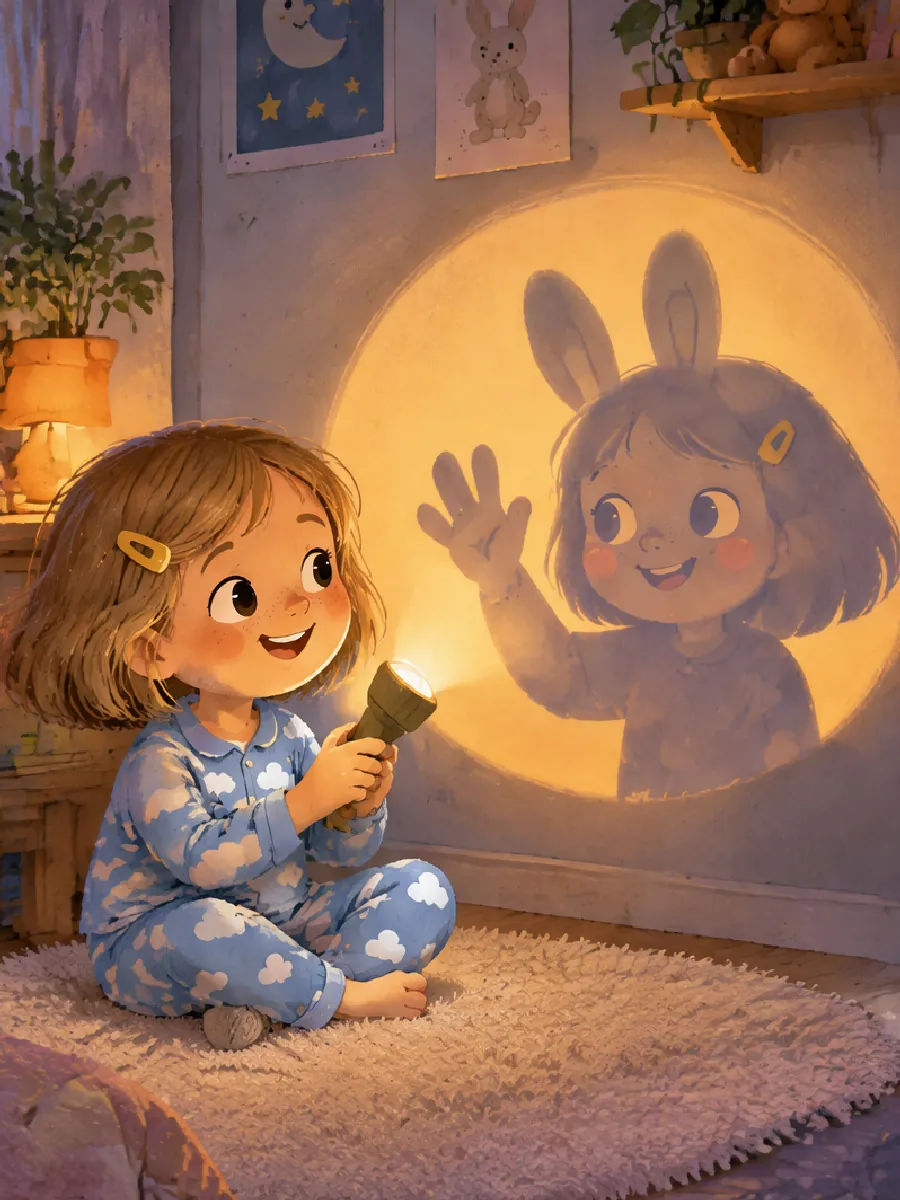 Tilda macht mit den Händen einen Hasen, ihr Schatten an der Wand formt lange Hasenohren