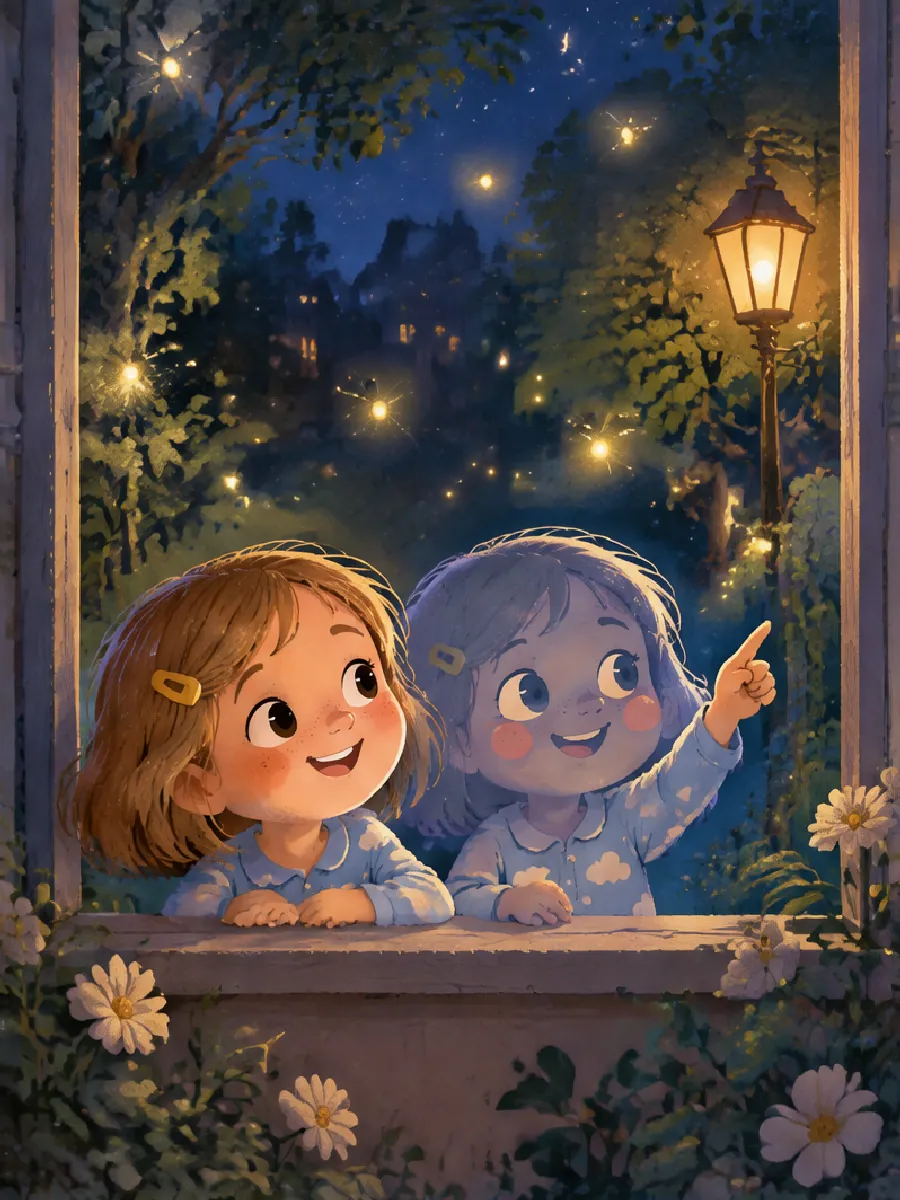 Tilda und ihr Schatten schauen vom Fenster auf Glühwürmchen, Sterne und eine Laterne im Garten