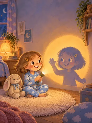 Tilda im Wolkenschlafanzug sitzt mit Taschenlampe und Kuschelhase im Kinderzimmer, an der Wand winkt ihr freundlicher blauer Schatten