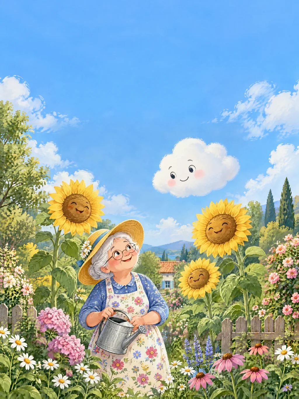 Die kleine Wolke Wolli lächelt auf Oma Rosa mit Sonnenhut und die großen Sonnenblumen im Garten herab