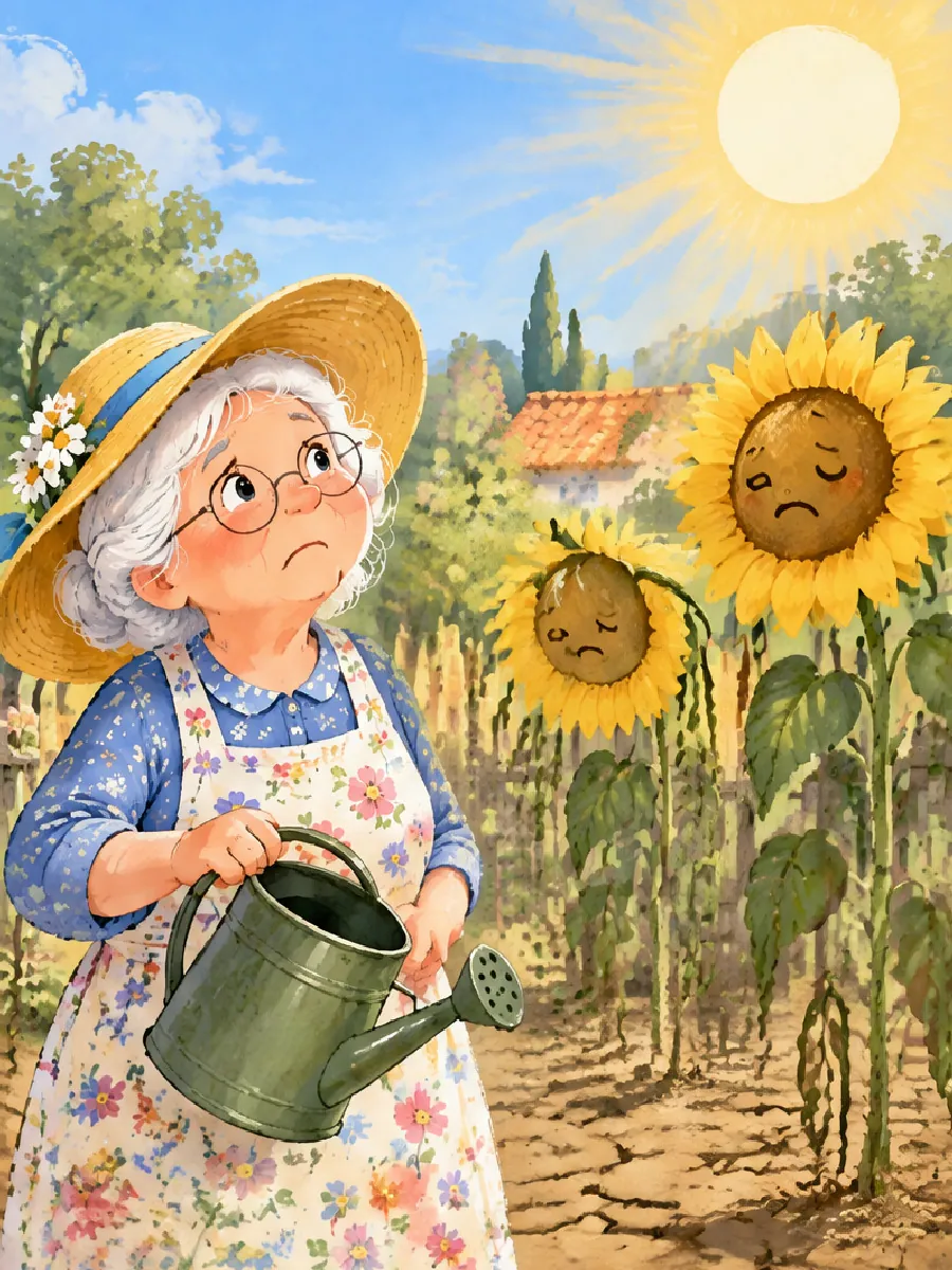 Oma Rosa steht mit leerer Gießkanne im trockenen Garten, die Sonnenblumen lassen die Köpfe hängen