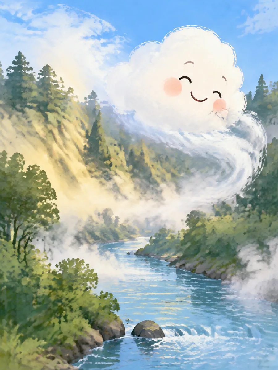 Wolli wirbelt über einem Fluss und nimmt den weißen Morgennebel auf