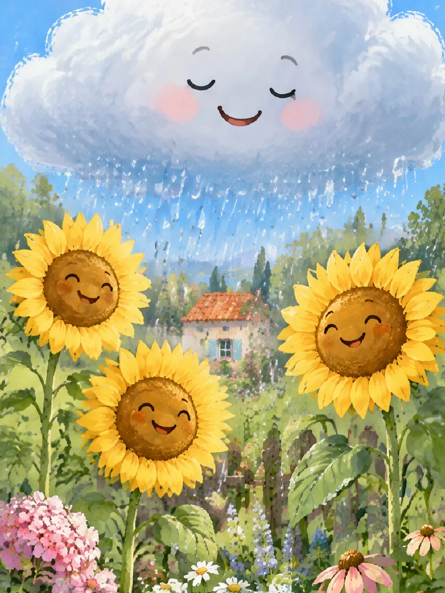 Die große Wolke Wolli lässt über Oma Rosas Garten einen sanften Sommerregen fallen