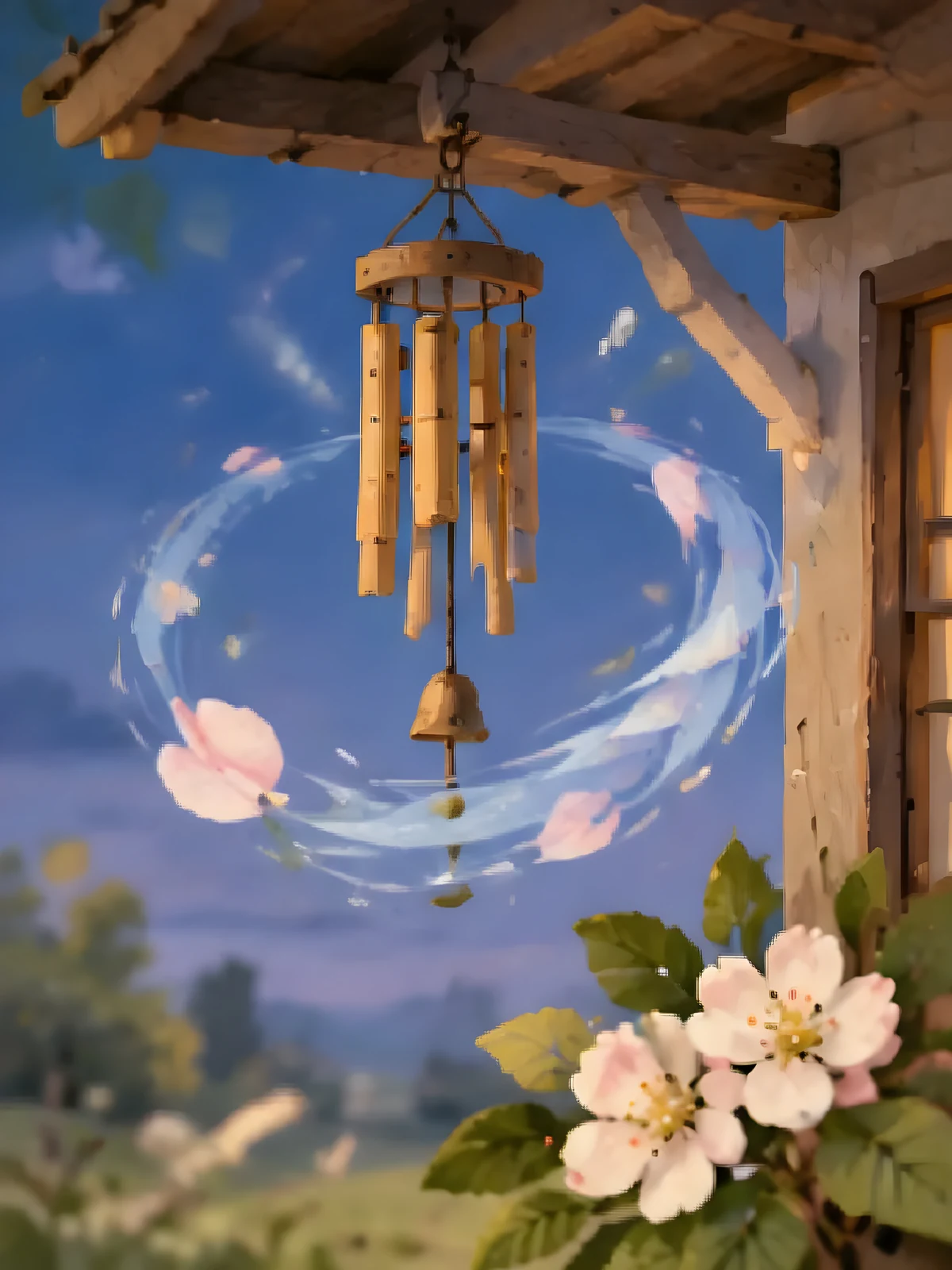 Ein kleines Windspiel und Apfelblüten in einem sanften hellblauen Wirbel