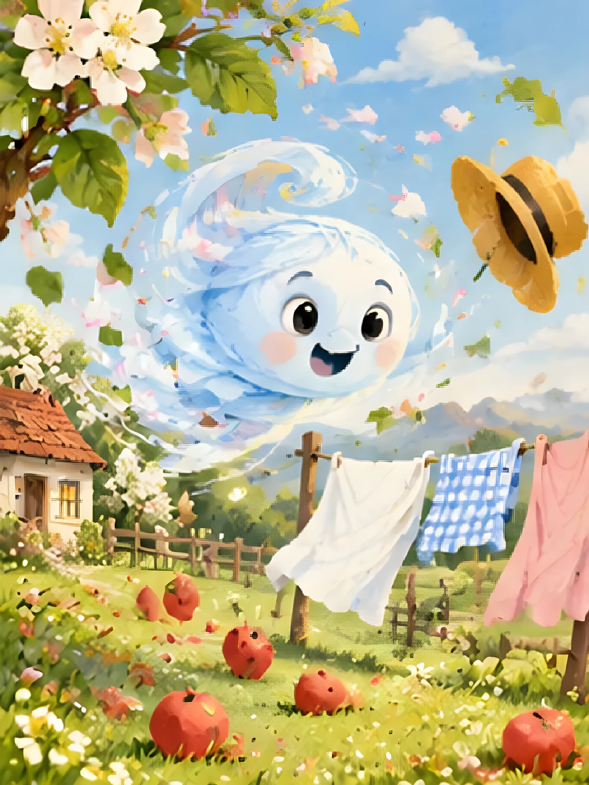 Der kleine Wind saust durchs Dorf: Ein Strohhut fliegt davon, die Wäsche tanzt, Äpfel purzeln ins Gras